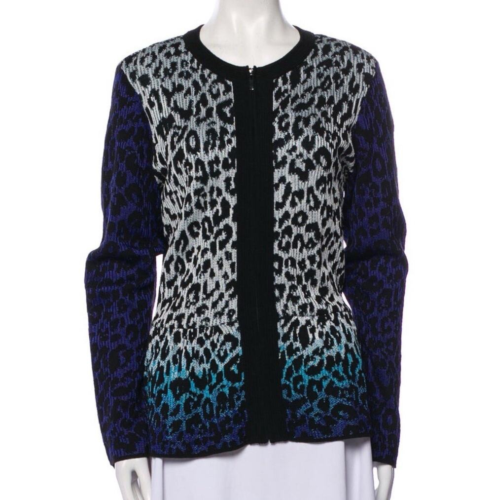 ST. JOHN Cardigan Jacket Peplum Full Zip Black White Blue Leopard Print Size Med